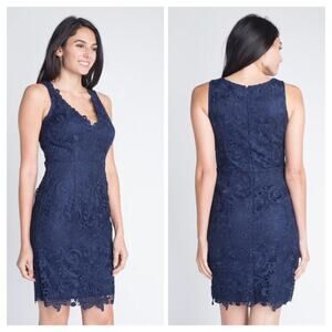 Minuet Navy Blue Lace Embroidered Sleeveless V-Neck Dress Size Large